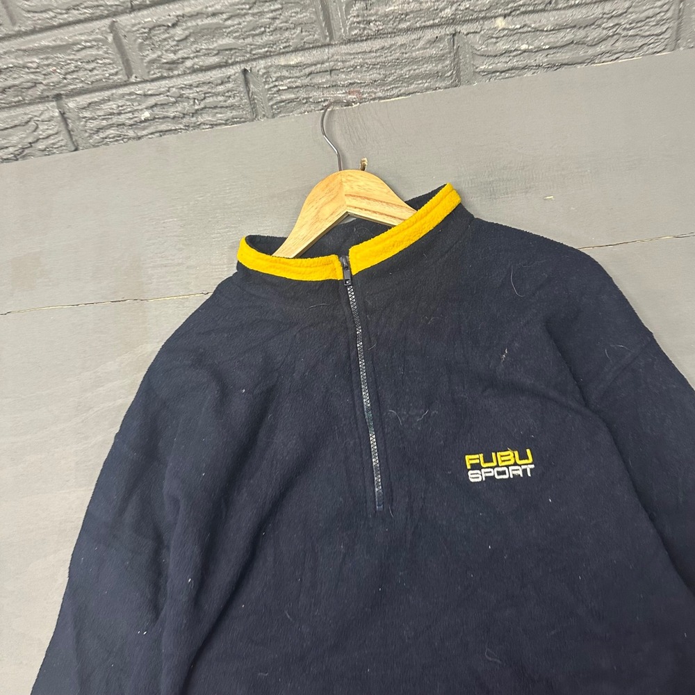 FUBU Sport Vintage‎ Quarter Zip Fleece Pullover Navy Blue Yellow Mens Large